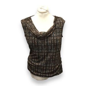 Democracy Women’s Sleeveless Draped Cowl Neck Ruched Blouse Brown/Tan Grid XL
